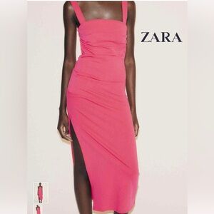 ZARA Hot Pink Sleeveless High-Low Midi Dress with Side Slit Size S